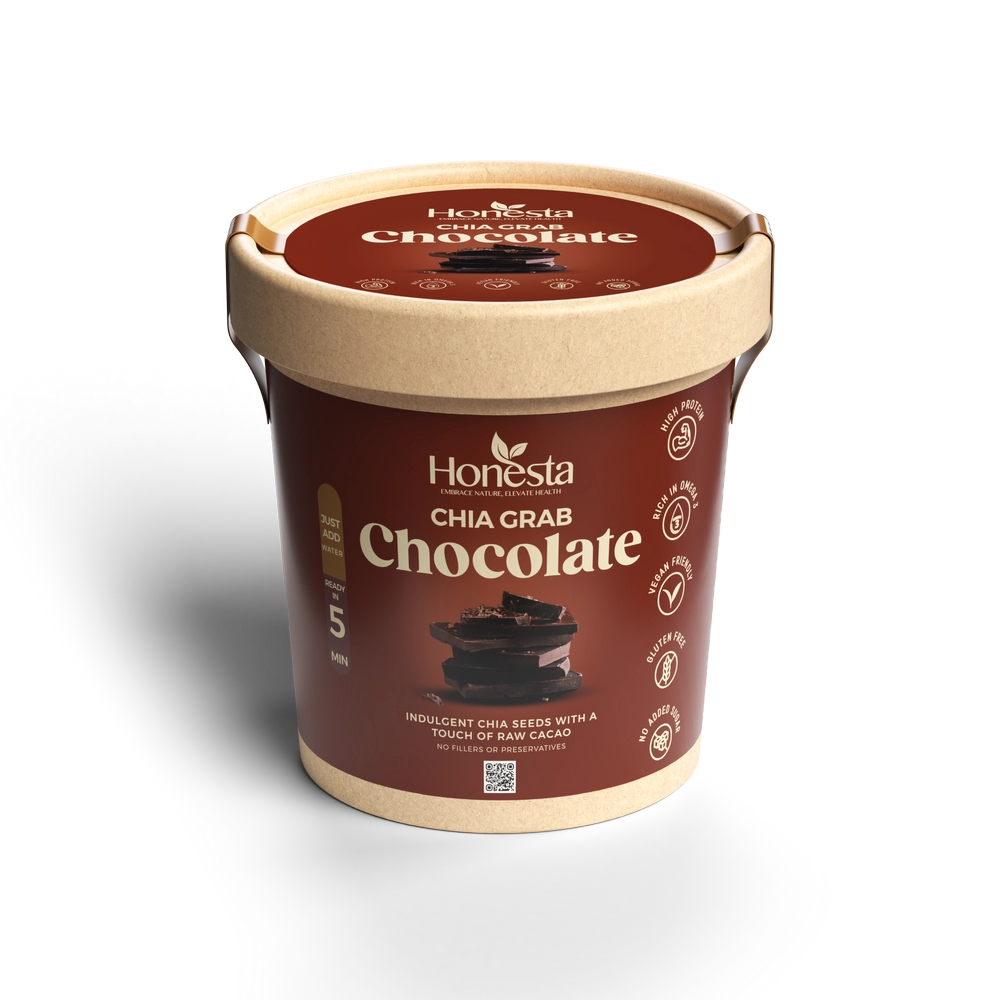 Honesta Chocolate Chia Grab – instant chia seed breakfast pot with raw cacao and coconut milk for a quick healthy breakfast