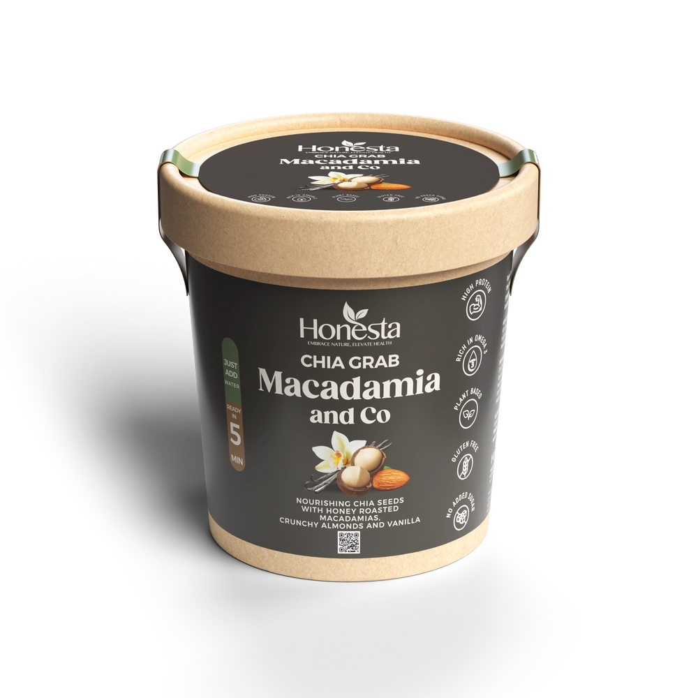 Honesta Macadamia & Co Chia Grab – instant chia seed breakfast pot with macadamia nuts and vanilla for lasting energy