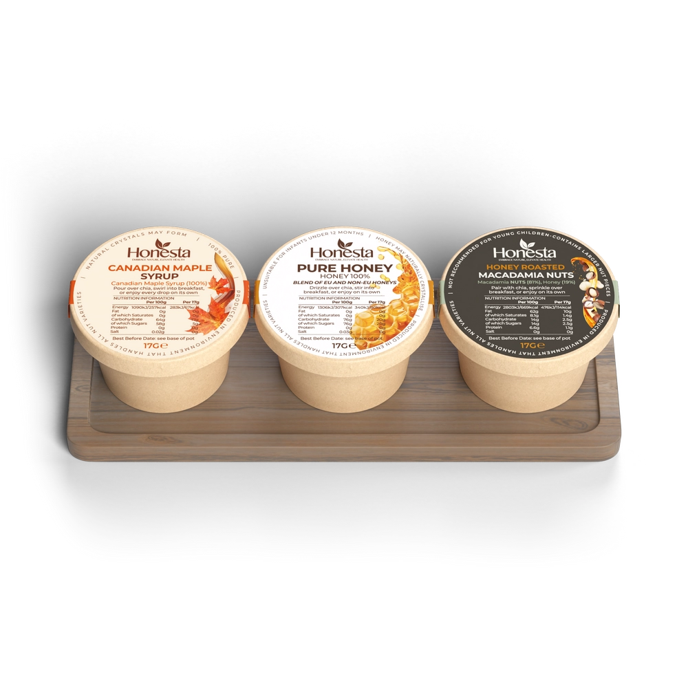 Honesta Drizzle & Crunch Collection – Canadian maple syrup, pure honey and honey roasted macadamia nut toppings for chia seed breakfast pots