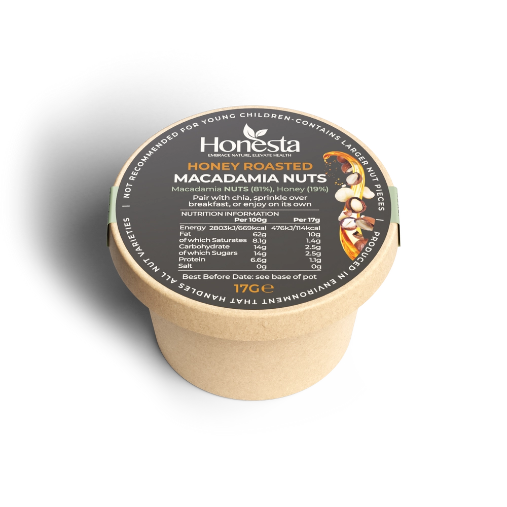 Honesta Honey Roasted Macadamia Nuts topping pot – crunchy sugar free addition for chia seed breakfast pots