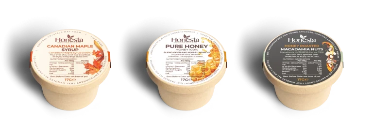 Honesta Drizzle & Crunch Collection – maple syrup, golden honey and honey roasted macadamia nut toppings to elevate chia seed breakfast pots