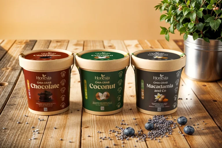 Honesta Essentials Collection – chocolate, coconut and macadamia instant chia seed pudding pots for a quick healthy breakfast