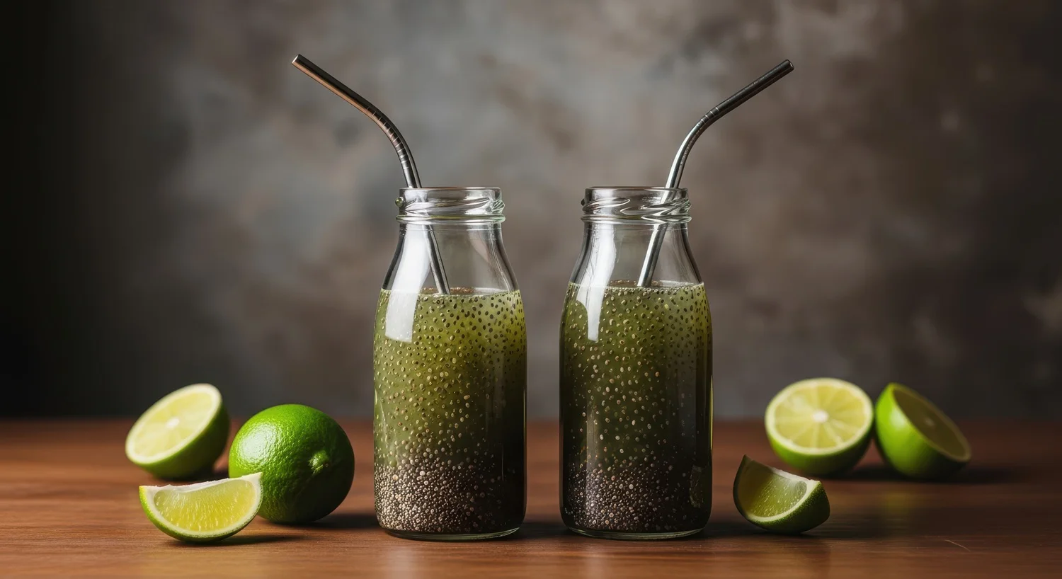 Two bottles of healthy chia seed drink served with fresh lime.