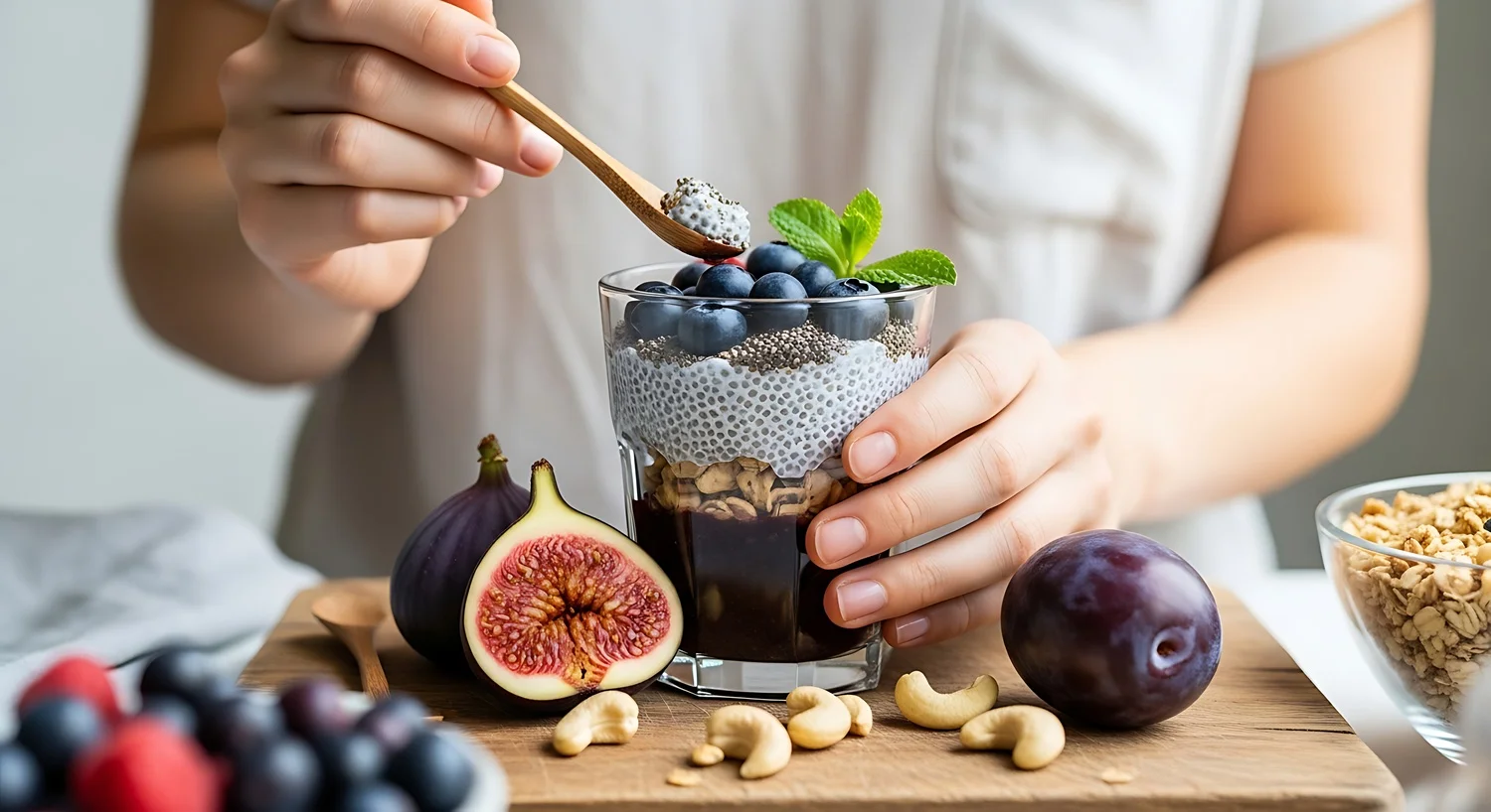 Woman adding fresh figs, plums, and blueberries to chia pudding as a quick and healthy topping.